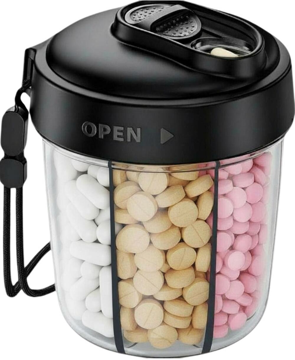 Large Pill Dispenser 7 Compartments, Wide Opening Slider Lid 20 Stickers, Black